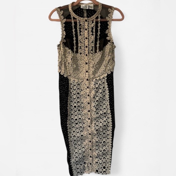 Byron Lars Lasercut Black and Cream Lace Sheath Midi Dress Kentucky Derby - Picture 4 of 13